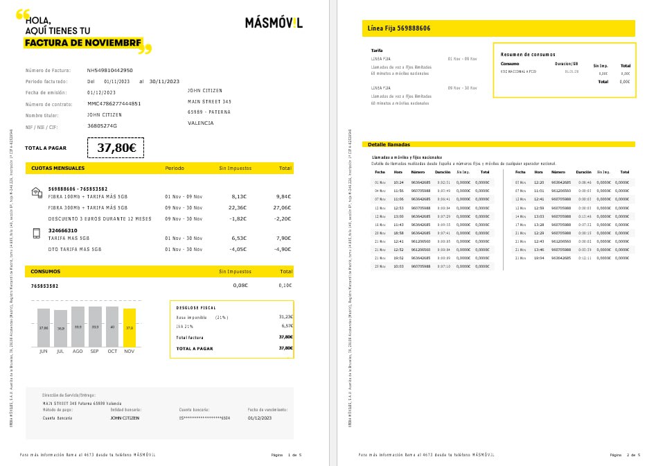 download Spain Masmovil internet and mobile utility  bill Word and PDF formats, 5 pages PDF template